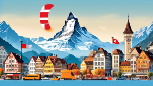 Create an image showcasing the newly launched Amazon Switzerland (amazon.ch). Depict a vibrant, modern digital storefront on a screen, surrounded by Swiss