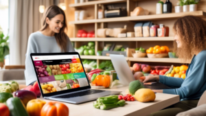 A modern shopper browsing through Coop.ch on a sleek laptop in a cozy living room, with a diverse assortment of groceries displayed on the screen, includin
