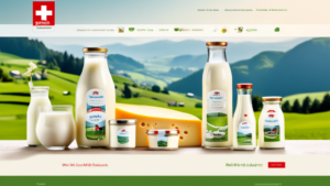 A vibrant and inviting digital marketplace showcasing an array of Swiss dairy products on emmi.ch. The image includes various delicious milk products such
