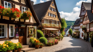 A picturesque, quaint German village with traditional half-timbered houses lining the cobblestone streets of Freudenberg. Tourists are seen exploring charm