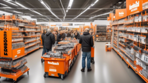 A bustling Hornbach store in Switzerland with aisles full of tools, materials, and home improvement supplies. Enthusiastic customers, both men and women, o