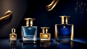 A sleek and modern online shopping interface featuring luxurious, high-end perfume bottles with elegant designs. The background should highlight the sophis
