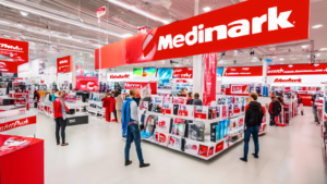 A vibrant and modern retail store interior with a MediaMarkt logo prominently displayed. There are various aisles showcasing the latest tech gadgets, home