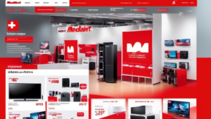 A vibrant and modern image of a Mediamarkt store with a sleek website interface showing special offers and discounts. Customers are eagerly browsing the la