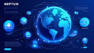 Create an image of a friendly and futuristic website interface labeled neptun.ch that showcases various internet services and features. Include icons or gr