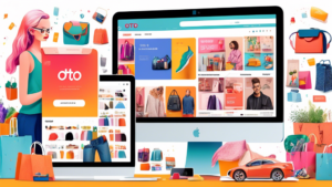 A modern digital illustration of a bustling, vibrant e-commerce website interface labeled Otto.ch on a computer screen, surrounded by a variety of colorful