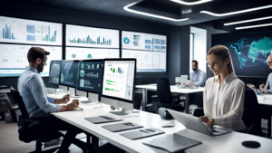 A modern office setting where a team of professionals is utilizing a sleek and intuitive digital platform on their computers and tablets. The platform, lab
