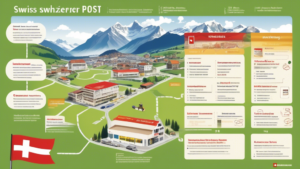 A detailed graphic showing the various services of the Swiss Post (Schweizerische Post), including mail delivery, parcel services, banking (PostFinance), a