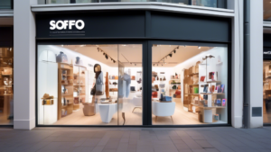 Create an image featuring the modern and dynamic storefront of Sofos.ch, a company specializing in customized solutions. The window displays showcase a ran