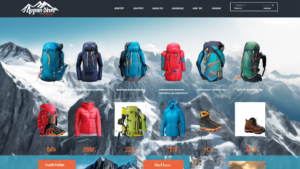 Create an image of a bustling online store interface for Alpenstore.ch, featuring a wide array of outdoor adventure and mountain sports gear. Show a variet