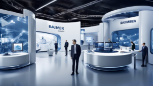 Create an image showcasing the innovative features and services of baumer.ch, depicting a modern technological landscape with digital interfaces, machinery