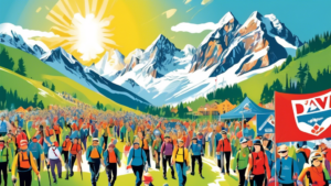 Create an image that depicts a vibrant and bustling scene at an alpine event representing the organization DAV.ch's role within the Alpenverein. The image