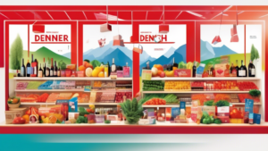 Create an image illustrating the vibrant and bustling online marketplace of Denner.ch, the Swiss discount retail giant. The scene features a colorful and l