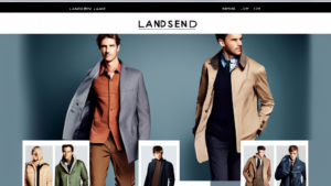 Create an image of a beautifully designed, modern online storefront for a fictional website called Landsend.ch. The site features a wide array of fashion i