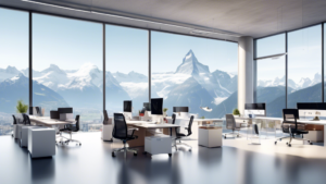 Create an image depicting a modern Swiss office with a wide range of office supplies from Lyreco.ch. The scene should show a brightly lit office space with