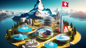 Create an image of a futuristic digital platform that represents Swiss education and innovation. The platform is a vibrant hub, bustling with virtual eleme