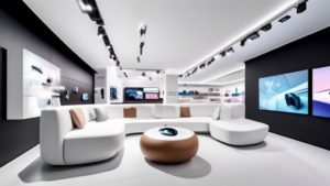 Create an image of a futuristic showroom in Switzerland, where customers use virtual reality headsets to browse and interact with a wide range of furniture