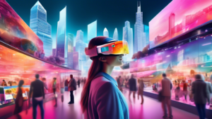 Create an image of a vibrant and bustling Swiss cityscape with a futuristic twist, showcasing a diverse range of people engaging in online shopping through