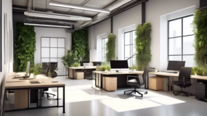 Create an image of a modern, efficient office space that incorporates elements of smart organization. Include sleek desks with minimalist design, organized