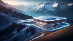 Create an image depicting a futuristic landscape set in Switzerland, symbolizing advanced data security and technological innovation. In the foreground, fe