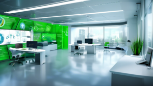 Create an image of a futuristic office at Schneider.ch, showcasing cutting-edge technology innovations. The scene should include advanced computer interfac