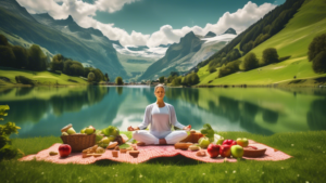 Create an image of a serene and picturesque Swiss landscape, featuring a person practicing yoga or meditating near a tranquil lake. Surrounding them are lu