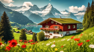 Create an image of a picturesque Swiss landscape featuring the majestic Swiss Alps in the background, lush green meadows dotted with colorful wildflowers i