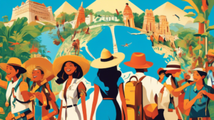 A vibrant travel advertisement poster showing a diverse group of people joyfully exploring iconic destinations around the world, such as the Eiffel Tower,