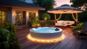 Create an inviting and luxurious outdoor scene featuring various stylish whirlpools surrounded by lush greenery, twinkling fairy lights, and comfortable lo