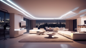 Create an image depicting a futuristic living space illuminated with innovative lighting solutions by Lighting.ch. The scene should feature a modern interi