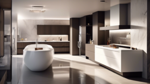 Create an image showcasing a modern and sleek kitchen and bathroom design, inspired by Swiss innovation and craftsmanship. The kitchen features state-of-th