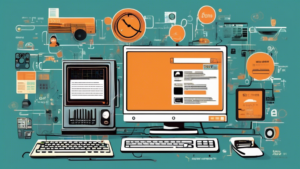 Create an image that depicts the evolution and success story of web.ch on the internet. The background shows a timeline starting from the early days of the