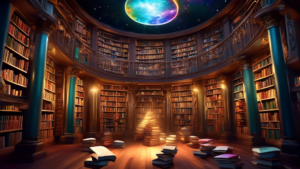 Create an image of a vibrant and magical library where books are floating in mid-air around a glowing portal, each book representing a different genre or s