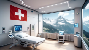 Create an image depicting the future of digital medicine in Switzerland. Visualize a high-tech Swiss hospital room, where advanced digital devices like aug