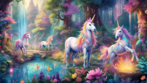 Create an image showcasing a whimsical and enchanting scene of a vibrant unicorn community gathering. The setting is a lush, mystical forest with glowing f