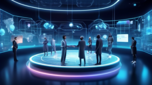 Create an image depicting a futuristic digital exchange platform, symbolizing Forum.ch, set in a sleek, high-tech environment. This platform is bustling wi
