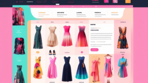 Create an image of a vibrant and stylish online fashion boutique interface. The screen is filled with various fashion categories like dresses, shoes, acces