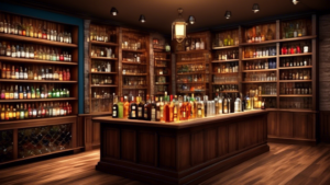 Create an image that portrays a sophisticated and elegant liquor store with an array of colorful and diverse bottles on display. Include various spirits su