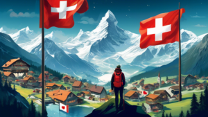Create an imaginative and vibrant depiction of a digital landscape titled Polaris.ch: Navigating the Swiss Online World. Visualize a blend of traditional S