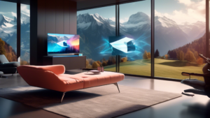 Create an image depicting the futuristic evolution of television in Switzerland. The scene features a modern Swiss living room with a large, ultra-thin, ho