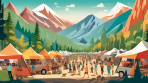 Create an image of a bustling outdoor marketplace, set against the backdrop of lush mountains, where various camping enthusiasts browse through an array of